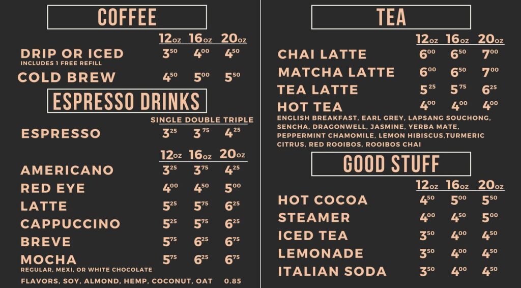 RoCo coffee and tea menu