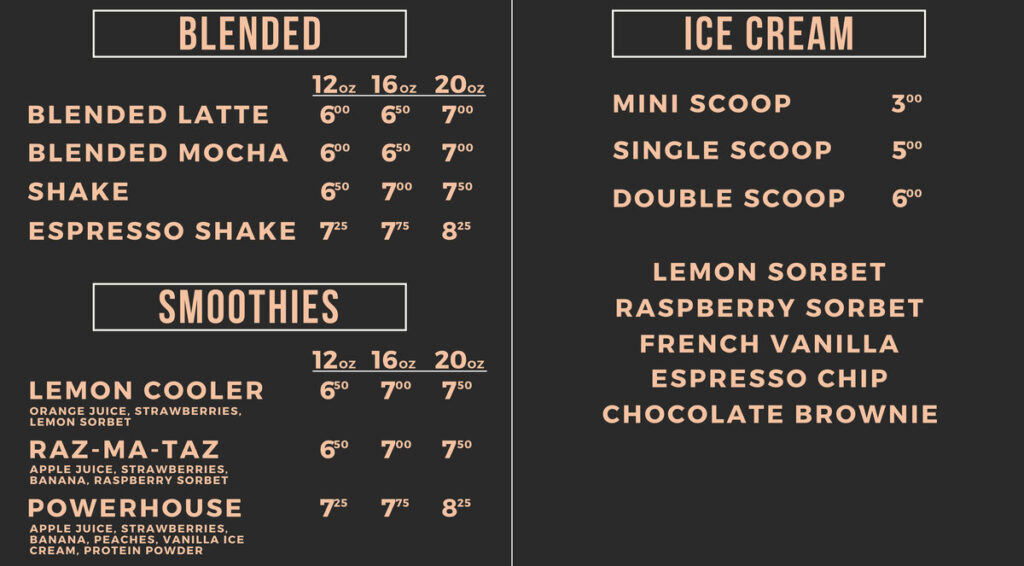 blended coffee ice cream and smoothie menu