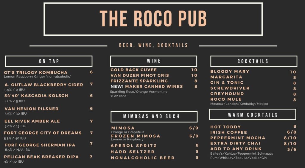 beer, wine, cocktail menu at RoCo